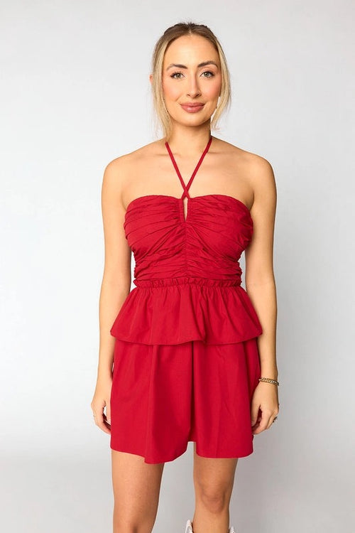 Remi Halter Keyhole Cutout Smocked Back Tie Strap Romper
