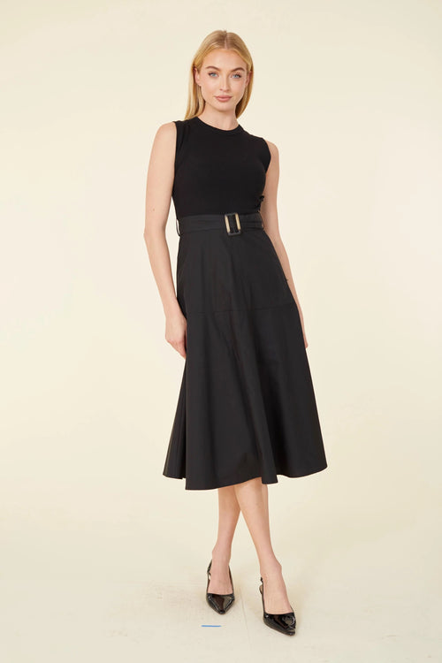 Mixed Media Ribbed Knit Top Cotton Skirt Belted Midi Dress