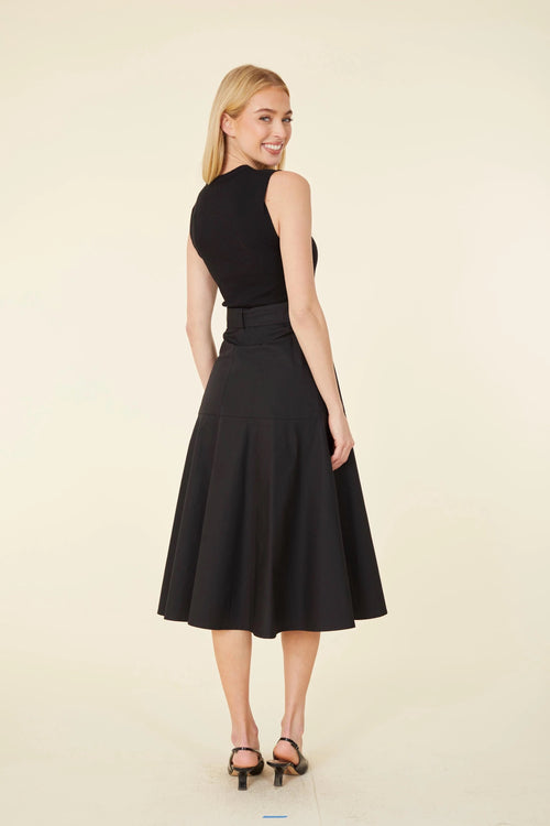 Mixed Media Ribbed Knit Top Cotton Skirt Belted Midi Dress
