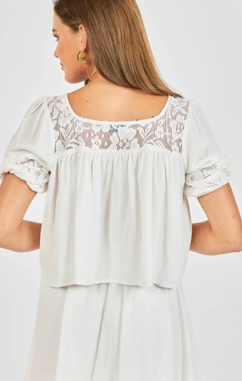 Misty Square Neck Linen Lace Inset Top
