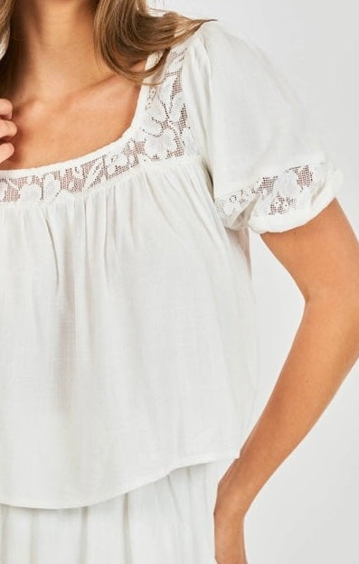 Misty Square Neck Linen Lace Inset Top