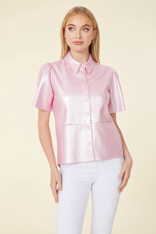 Orchid Metallic Vegan Leather Snap Front Flutter Sleeve Top