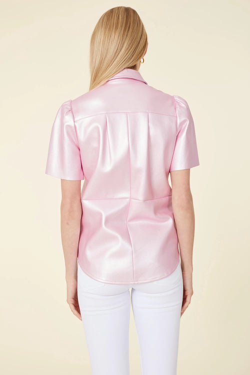 Orchid Metallic Vegan Leather Snap Front Flutter Sleeve Top