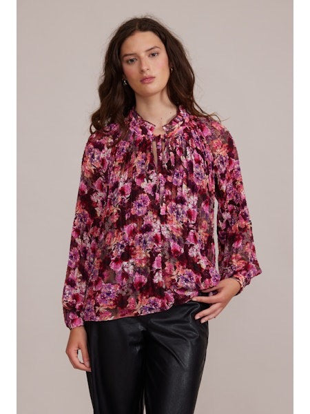 Magenta Burgundy Floral Pleated Ruffle Neck Tie Blouse