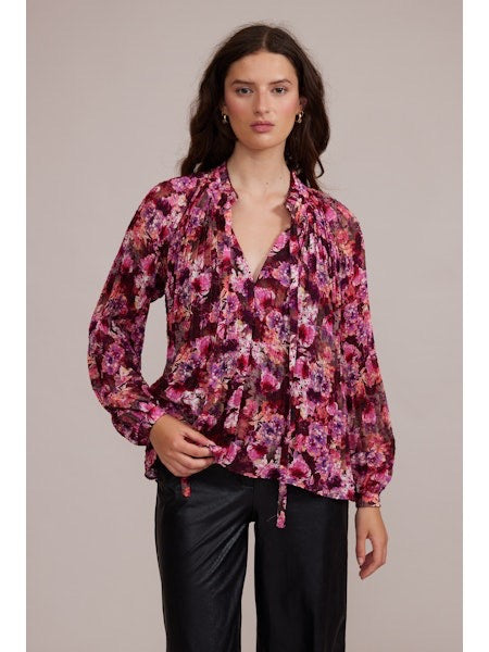 Magenta Burgundy Floral Pleated Ruffle Neck Tie Blouse