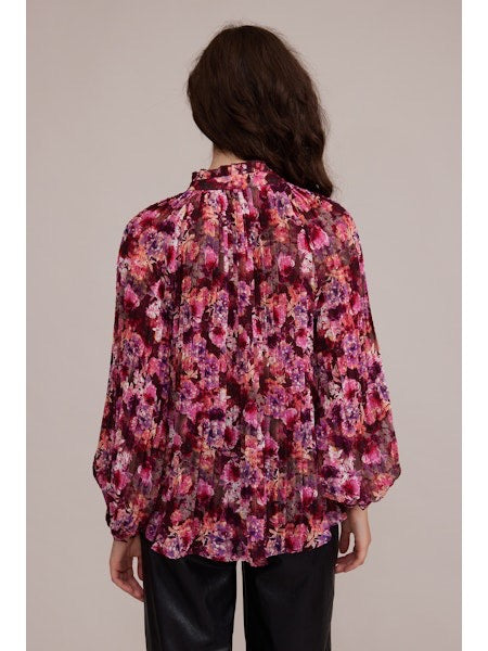 Magenta Burgundy Floral Pleated Ruffle Neck Tie Blouse