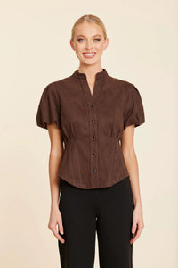 Coffee Faux Suede Darted Waist Top