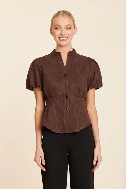 Coffee Faux Suede Darted Waist Top