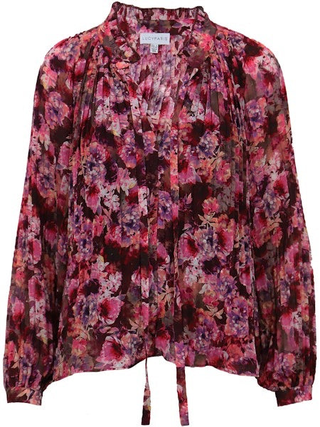 Magenta Burgundy Floral Pleated Ruffle Neck Tie Blouse