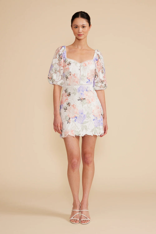Elaine Embroidered Floral Scalloped Hem Balloon Sleeve Tie Back Dress