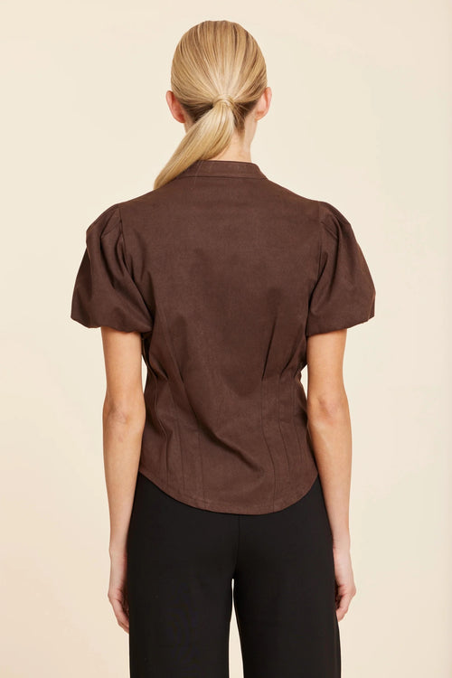Coffee Faux Suede Darted Waist Top