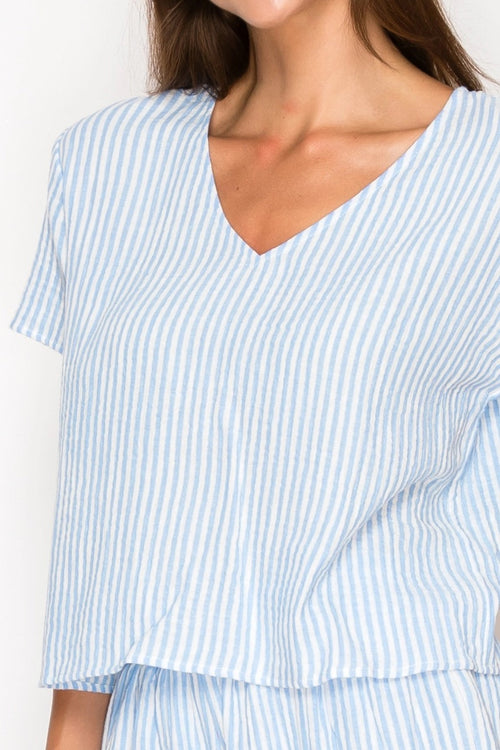 Blue Striped Gauze Two Piece Set | Top + Shorts