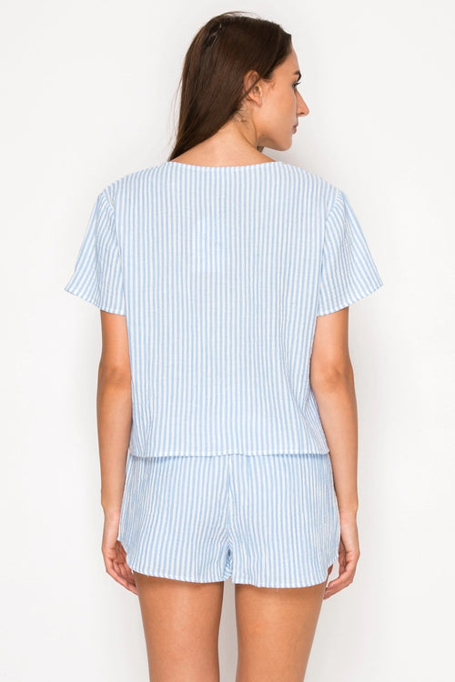 Blue Striped Gauze Two Piece Set | Top + Shorts