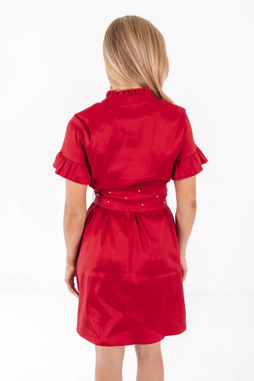 Cami Red Pearl Accent Button Up Holiday Dress