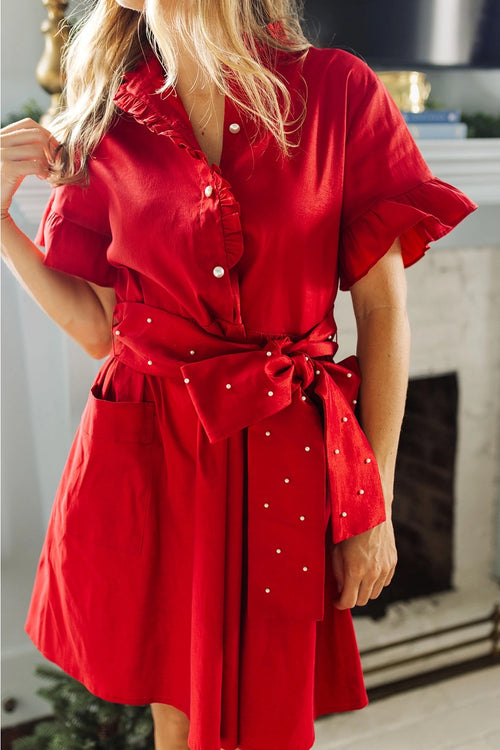 Cami Red Pearl Accent Button Up Holiday Dress