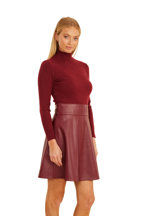 Burgundy Knit Turtleneck Vegan Leather Skirt Mini Dress