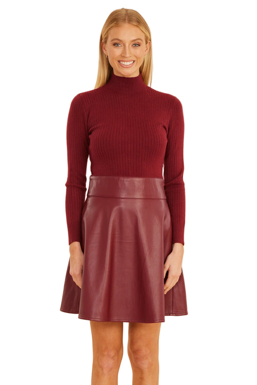 Burgundy Knit Turtleneck Vegan Leather Skirt Mini Dress