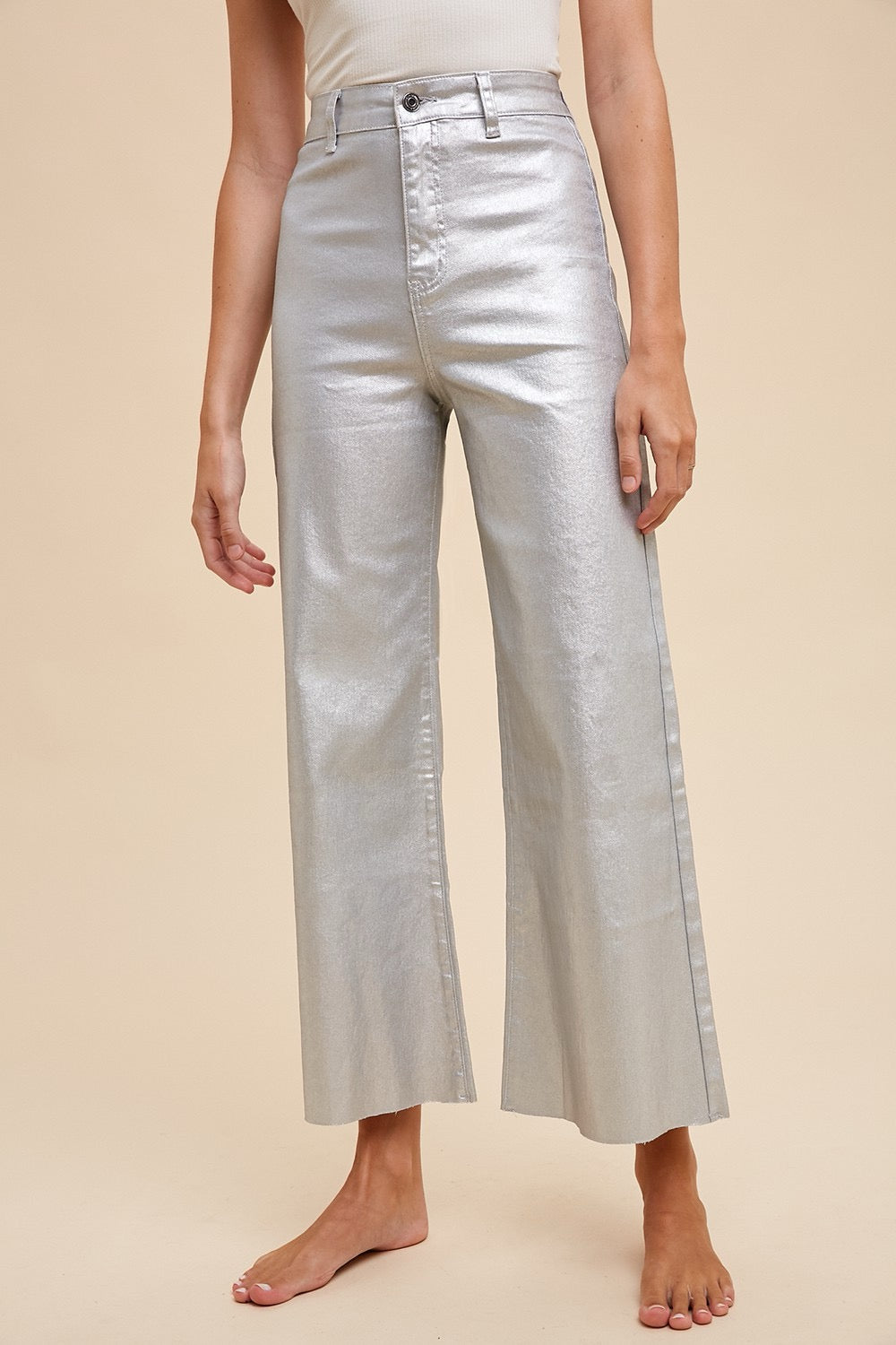 HR Wide Leg Cropped Jean - Metallic Silver