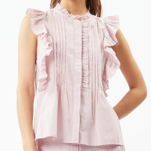 Valtat Bambula Cotton Ruffled High Neck Pintuck Button Sleeveless Top
