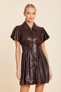 Coffee Vegan Leather Cinched Waist Mini Dress