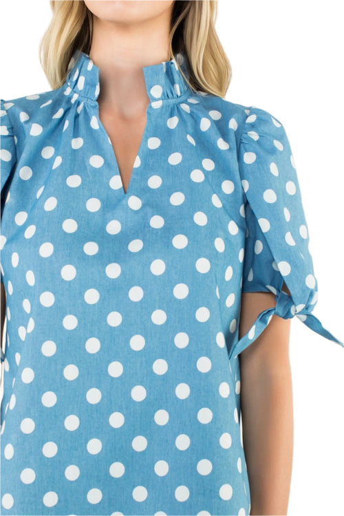 Tie Sleeve Ruffle Neck Dotted Print Top