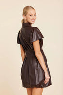 Coffee Vegan Leather Cinched Waist Mini Dress