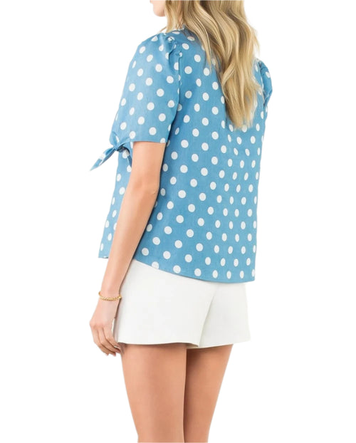 Tie Sleeve Ruffle Neck Dotted Print Top
