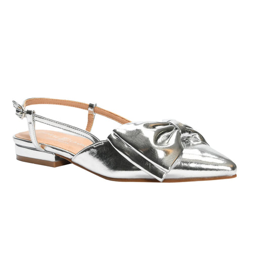 Harmony Metallic Pointed Toe Bow Ankle Strap Slingback Flat