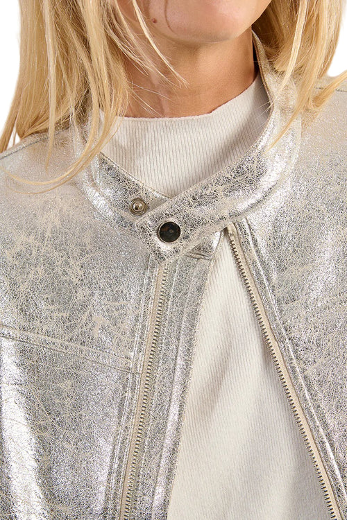 Silver Metallic Cropped Biker Jacket
