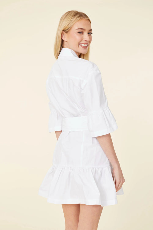 Poplin Removable Sash Belt Shirt Collar Three Quarter Sleeve Ruffle Dress