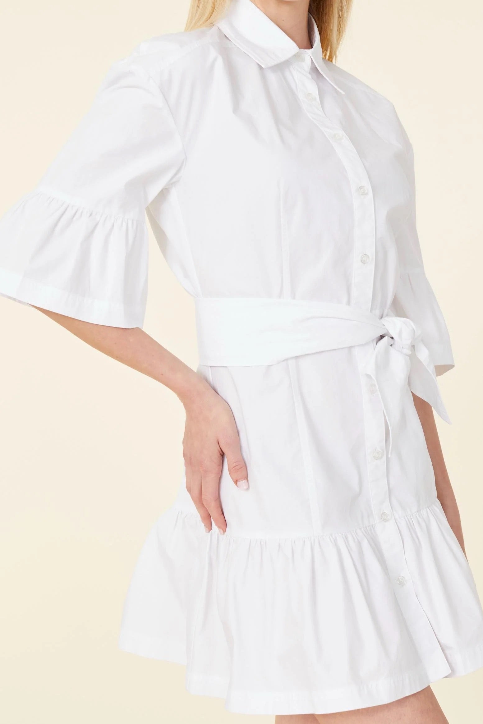 Poplin Removable Sash Belt Shirt Collar Three Quarter Sleeve Ruffle Dress