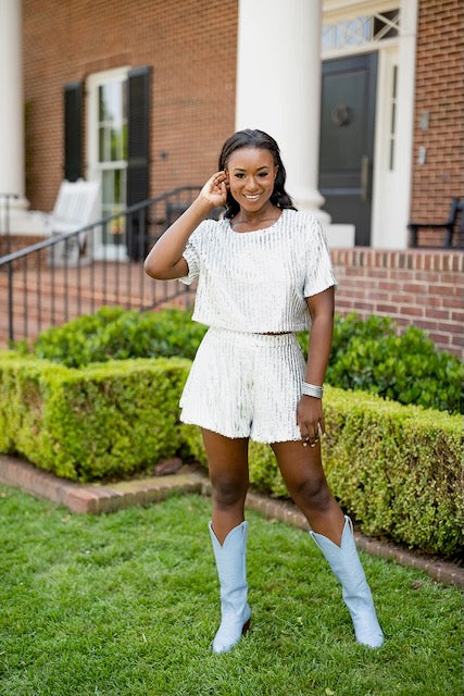 Laura Sequin Short Sleeve Crop Top High Waist Ruffle Detail Short Set