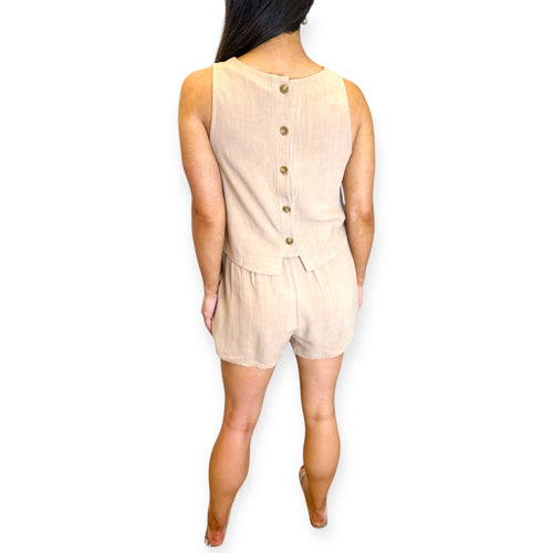 Shoreline Tan Linen High Neck Back Button Down Relaxed Tank