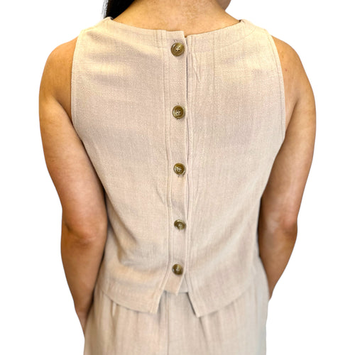 Shoreline Tan Linen High Neck Back Button Down Relaxed Tank