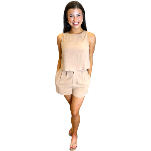 Shoreline Tan Linen High Neck Back Button Down Relaxed Tank