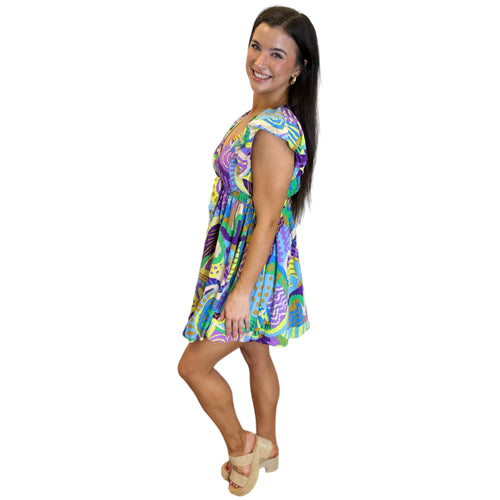 Bridgette Geometric Print V Neck Elastic Waist Bubble Hem Mini Dress