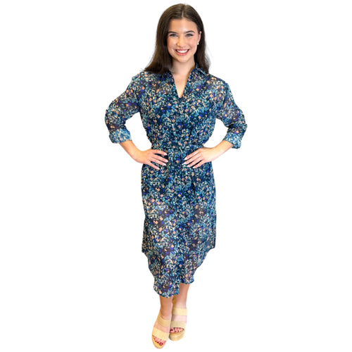 Devin Geo Print Chiffon Self Tie Front Button Long Sleeve Shirt Midi Dress