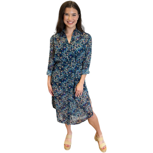 Devin Geo Print Chiffon Self Tie Front Button Long Sleeve Shirt Midi Dress