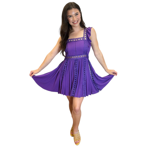 Adams Purple Smocked Side Panel Flutter Sleeve Crochet Detail Mini Dress