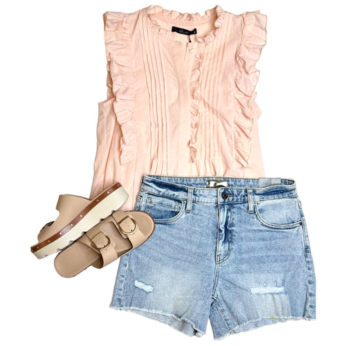Valtat Bambula Cotton Ruffled High Neck Pintuck Button Sleeveless Top