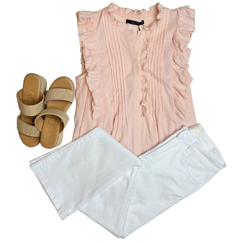 Valtat Bambula Cotton Ruffled High Neck Pintuck Button Sleeveless Top