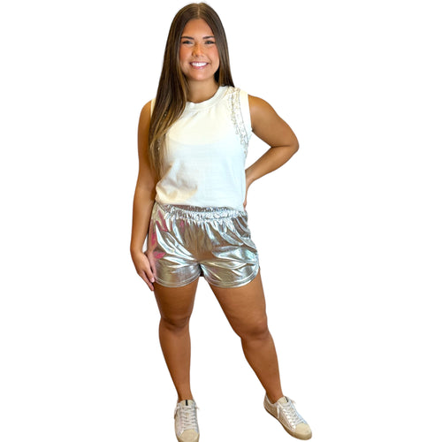 Metallic Coating Athletic Fit Smocked Elastic Waist Short