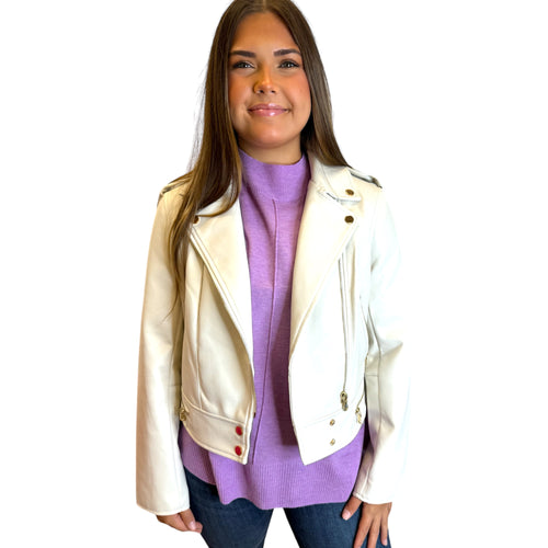 Theodora Off White Vegan Leather Gold Hardware Jacket
