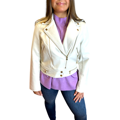 Theodora Off White Vegan Leather Gold Hardware Jacket