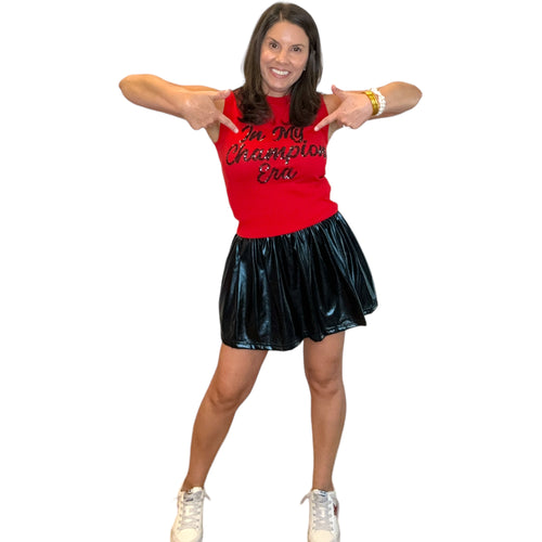 Metallic Coating Attached Short Smocked Elastic Waist Skort