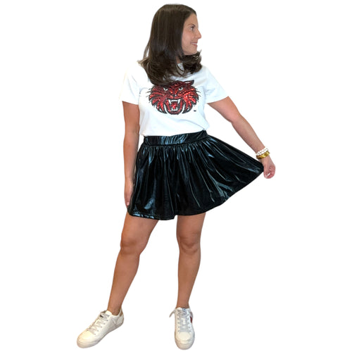 Metallic Coating Attached Short Smocked Elastic Waist Skort