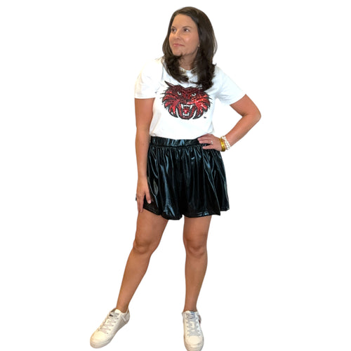 Metallic Coating Attached Short Smocked Elastic Waist Skort