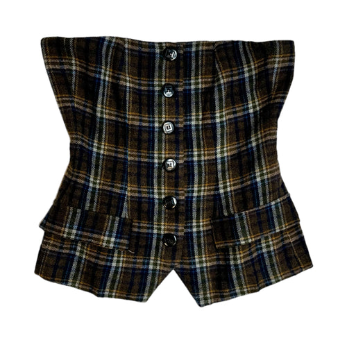 Old Money Fall Plaid Button Front Strapless Bustier Top