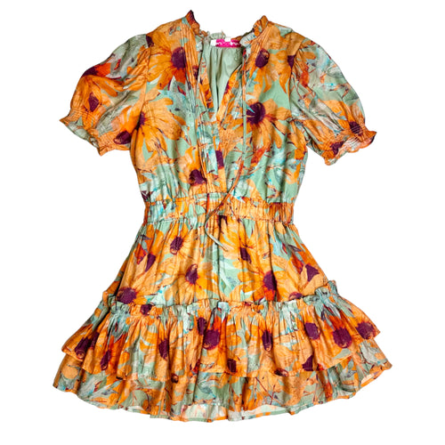 Gretta V Neck Pleated Puff Sleeve Tiered Ruffle Hem Floral Dress