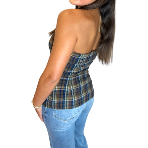 Old Money Fall Plaid Button Front Strapless Bustier Top